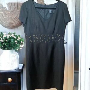 Positive Attitude Black Linen Dress with Gold Eyelets Waist‎ detailing SKU064
